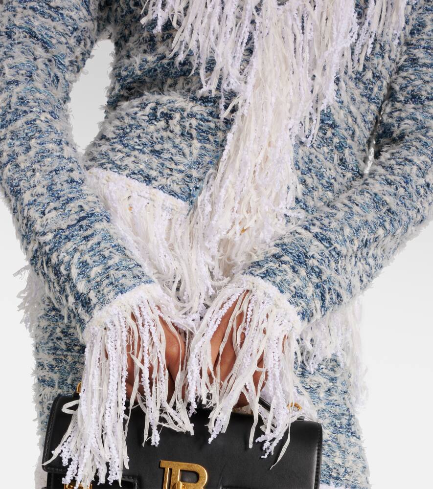 Balmain Fringed Tweed Blazer In Blue