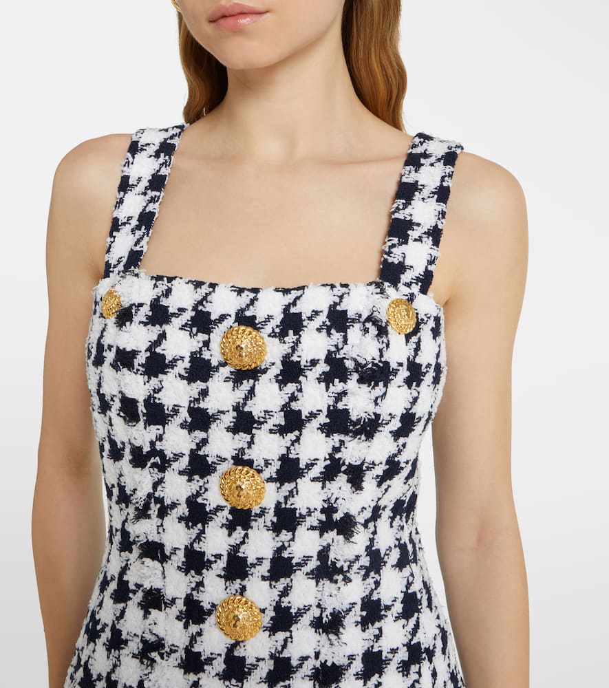 Balmain Houndstooth Tweed Mini Dress In Marine/blanc