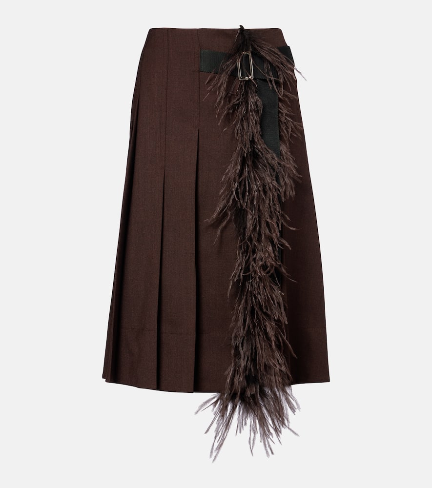 Plan C Feather-trimmed Pleated Wrap Skirt In Brown