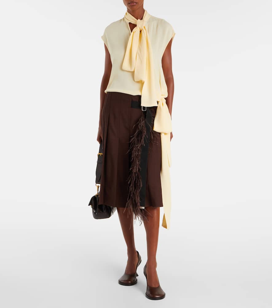 Plan C Feather-trimmed Pleated Wrap Skirt In Brown
