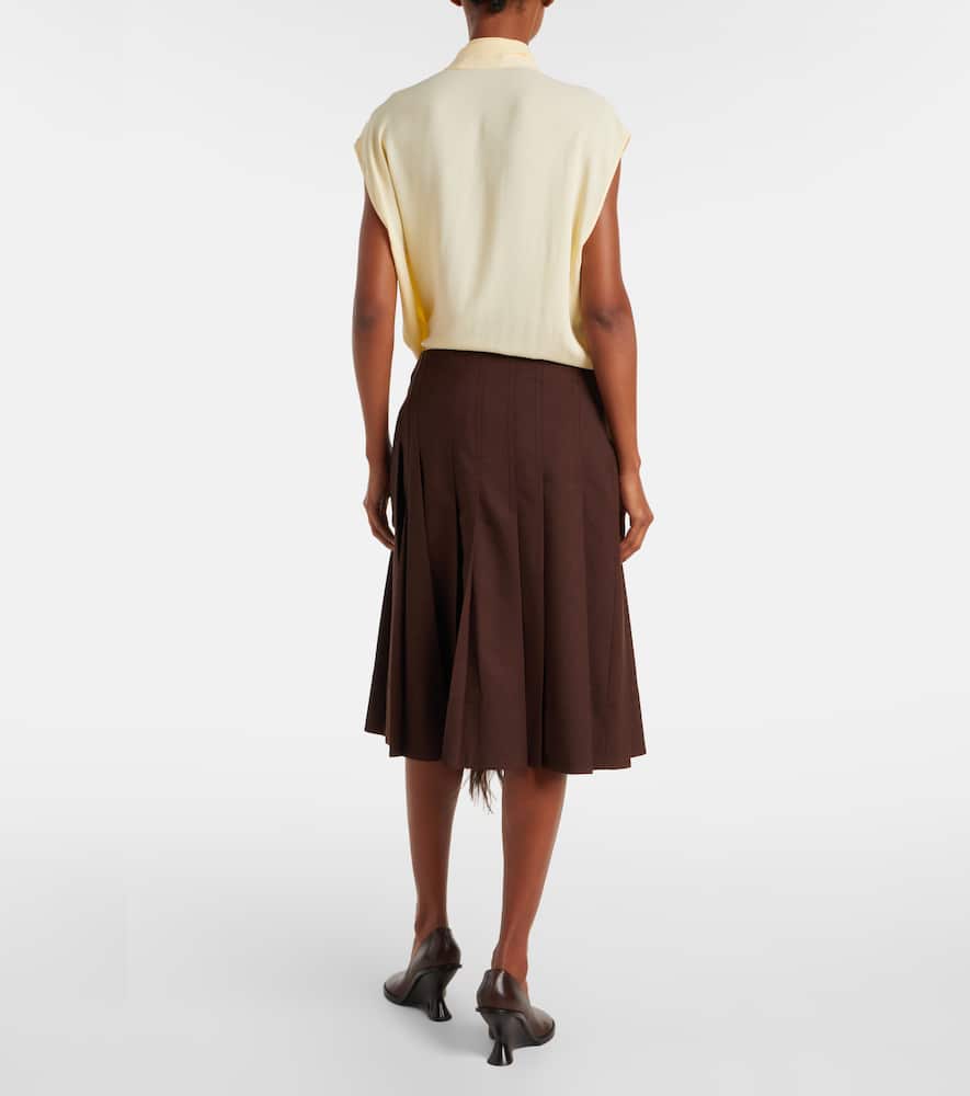 Plan C Feather-trimmed Pleated Wrap Skirt In Brown