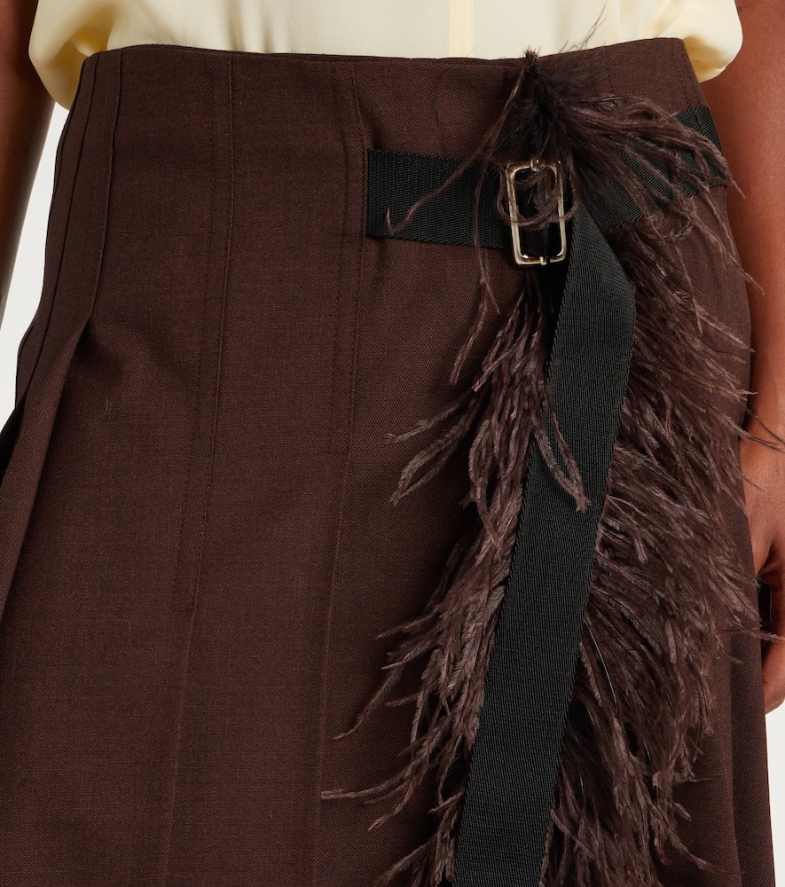 Plan C Feather-trimmed Pleated Wrap Skirt In Brown