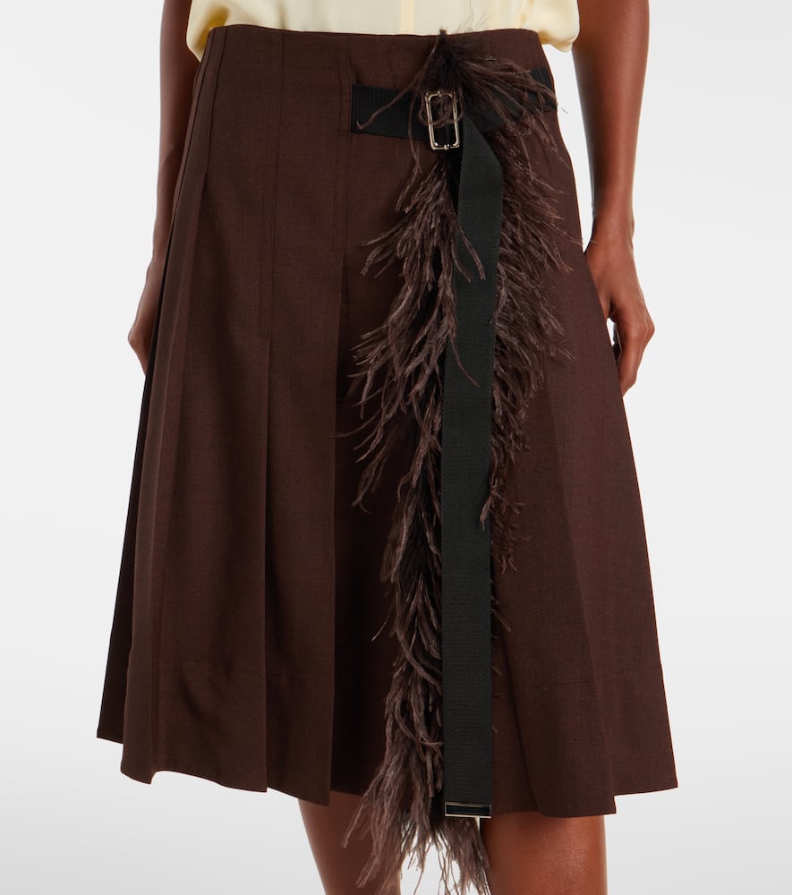 Plan C Feather-trimmed Pleated Wrap Skirt In Brown
