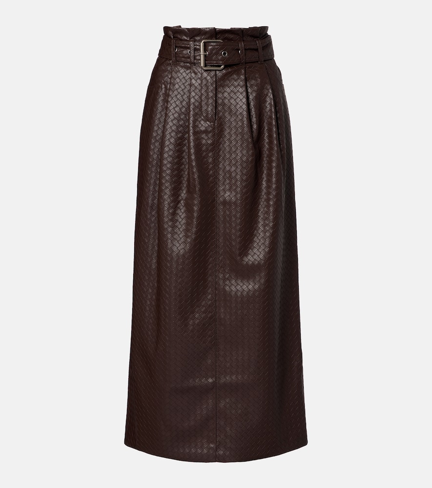 Rotate Birger Christensen Anatta Belted Woven Midi Skirt In Brown