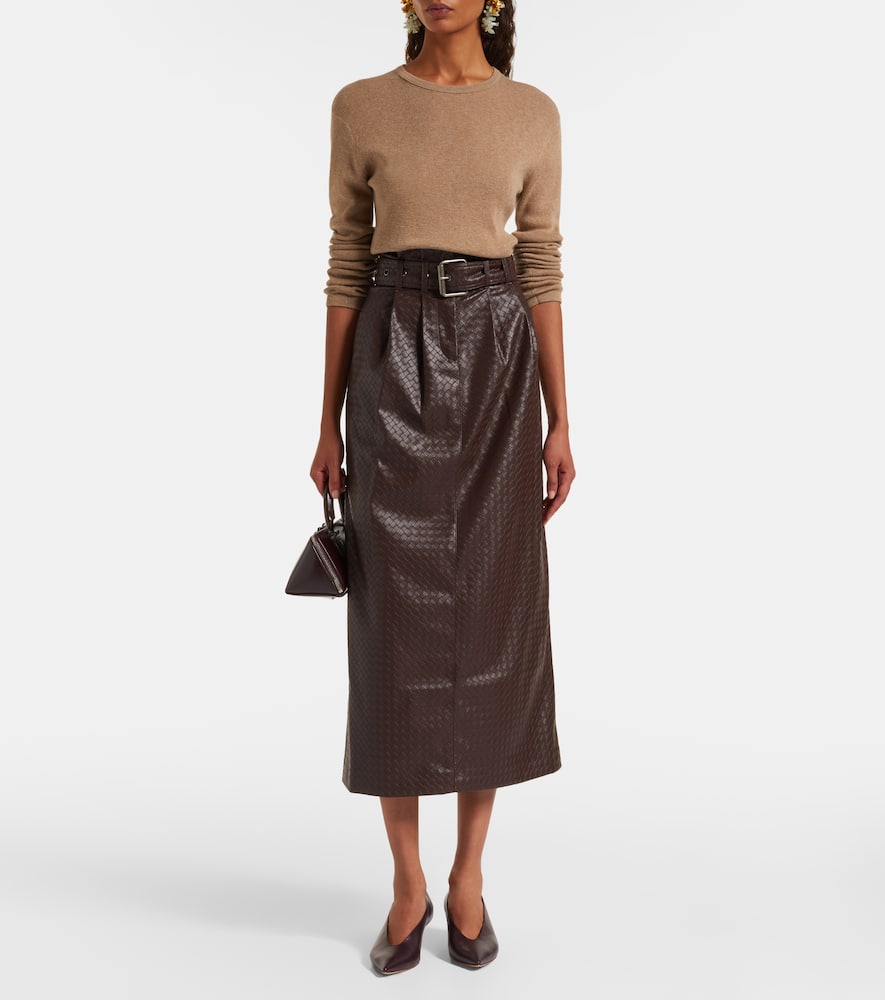 Rotate Birger Christensen Anatta Belted Woven Midi Skirt In Brown