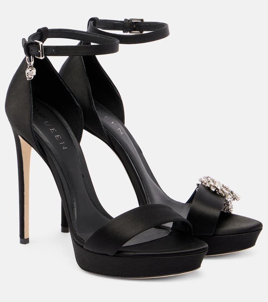 Alexander Mcqueen Jewel Embellished Satin Platform Sandals In Black
