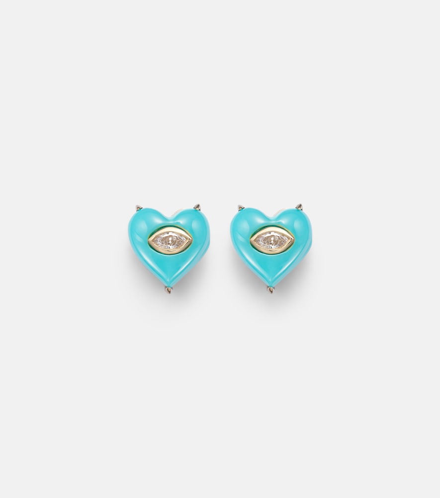 Sydney Evan 14kt gold stud earrings with diamonds and turquoises