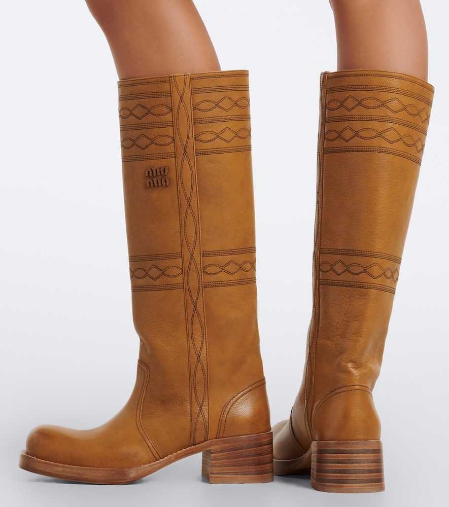 Embroidered Leather Knee-High Boots