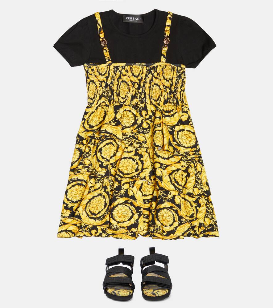 Versace Kids' Barocco Cotton-blend Dress In Nero+oro