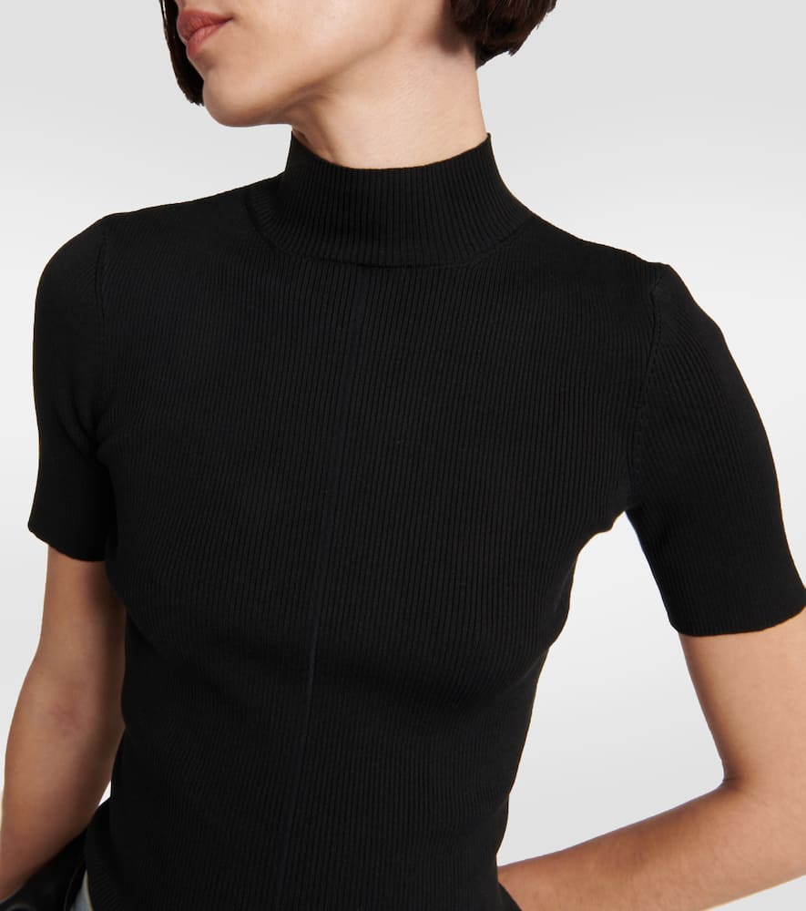 Shop Oscar De La Renta Ribbed-knit Silk-blend Top In Black