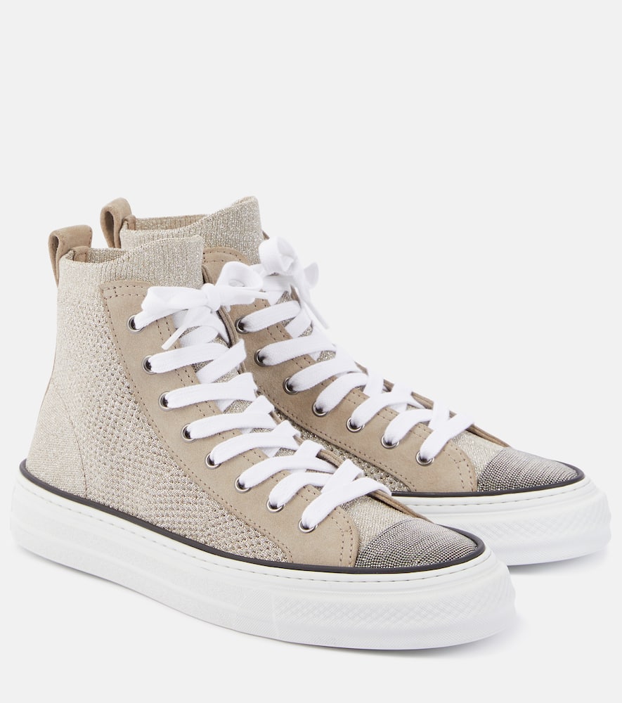 Brunello Cucinelli Leather-trimmed High-top Sneakers In Beige