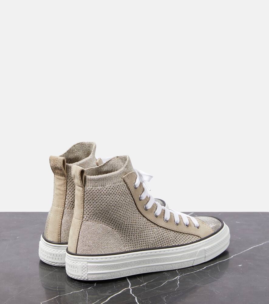 Brunello Cucinelli Leather-trimmed High-top Sneakers In Beige