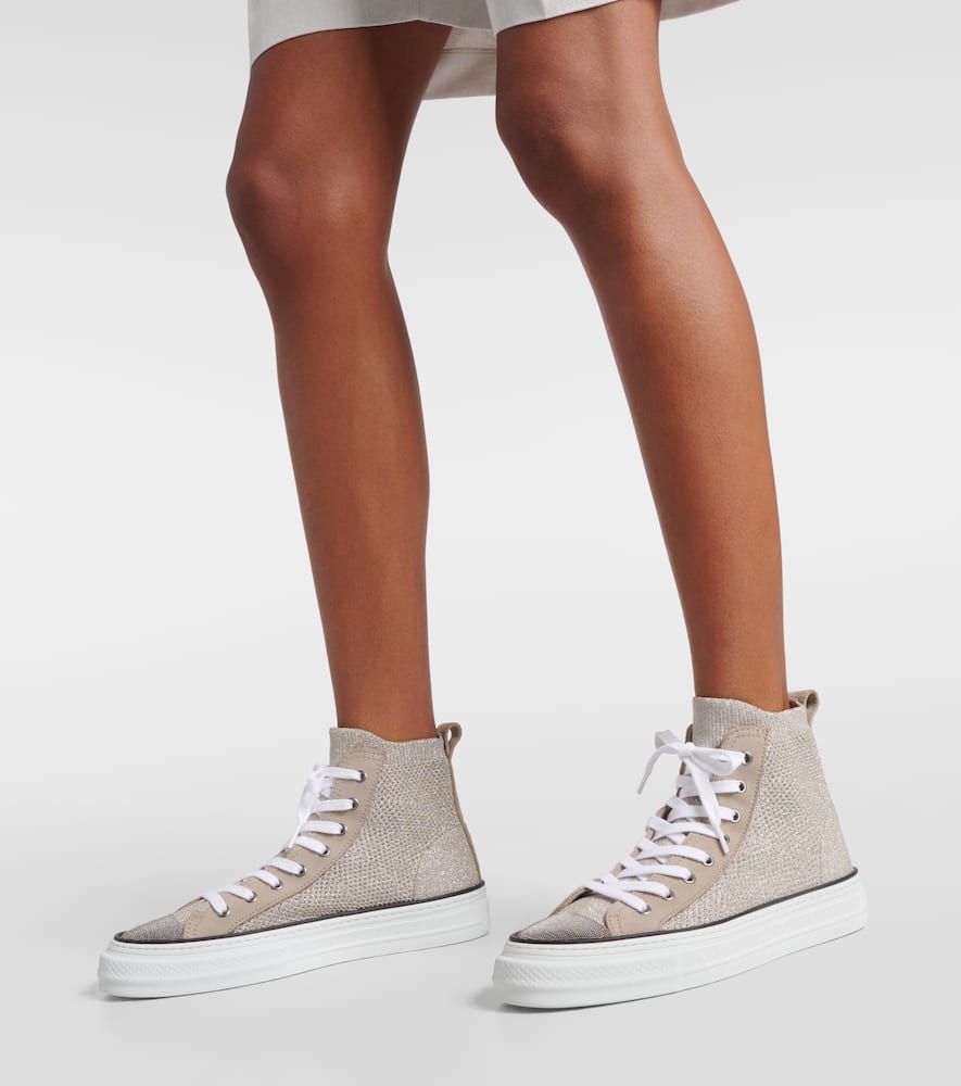 Brunello Cucinelli Leather-trimmed High-top Sneakers In Beige