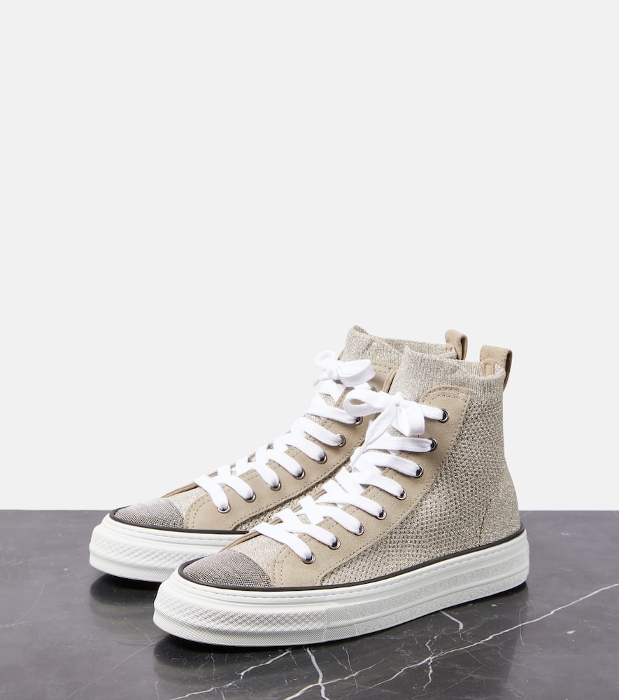 Brunello Cucinelli Leather-trimmed High-top Sneakers In Beige