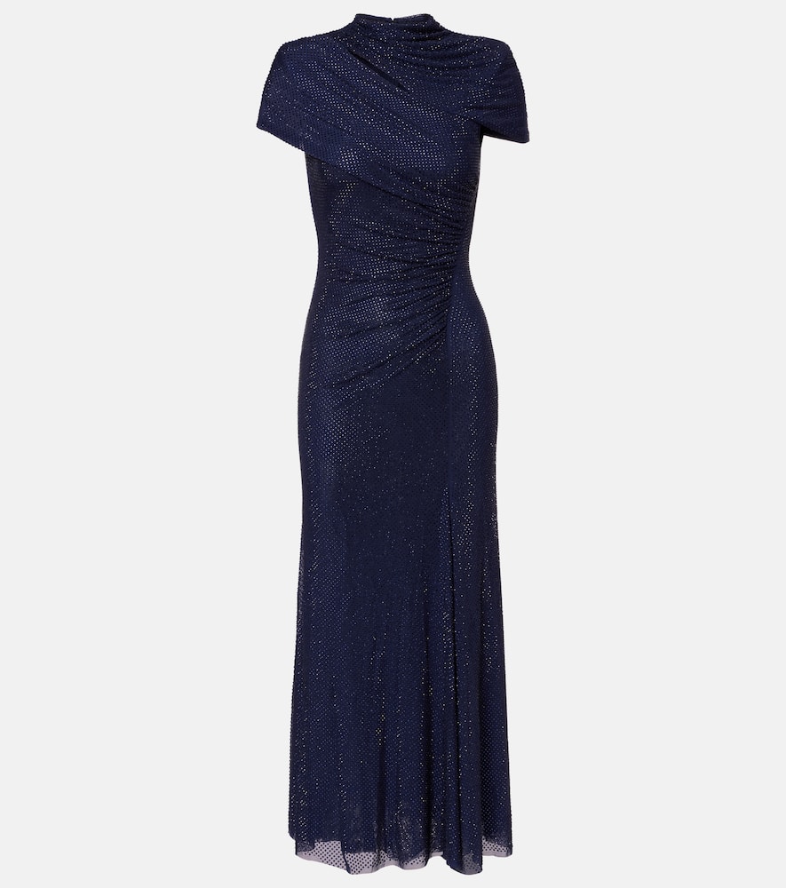 Self-portrait Draped Rhinestone Mesh Midi Dress In Blue
