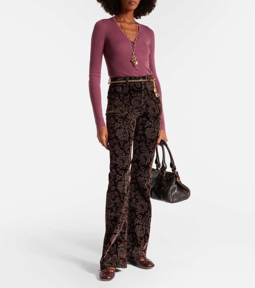 Chloé Floral High-rise Velvet Straight Pants In Brown