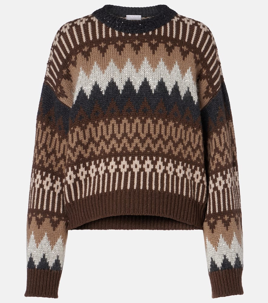 Brunello Cucinelli Cashmere Jacquard Sweater In Brown