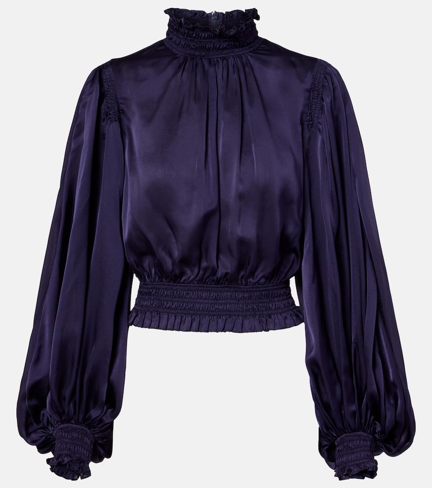 Zimmermann Dream Cropped Shirred Silk-satin Blouse In Blue