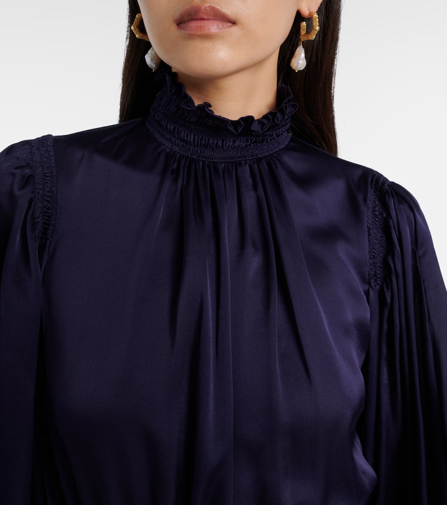 Zimmermann Dream Cropped Shirred Silk-satin Blouse In Blue