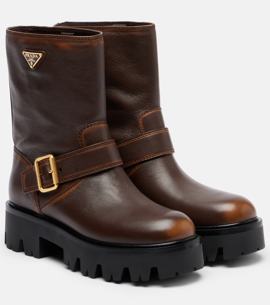 Prada Leather Booties Featuring Chunky Sole In Brown