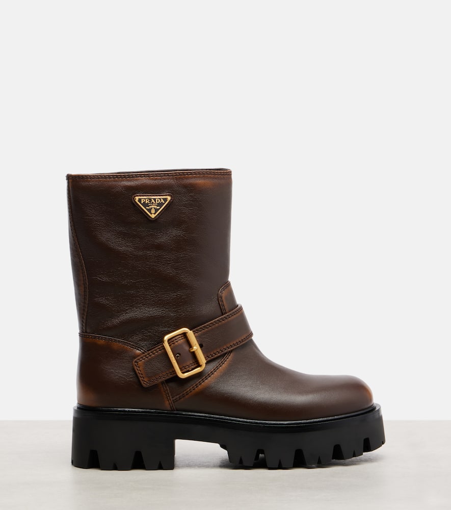 Prada Leather Booties Featuring Chunky Sole In Brown