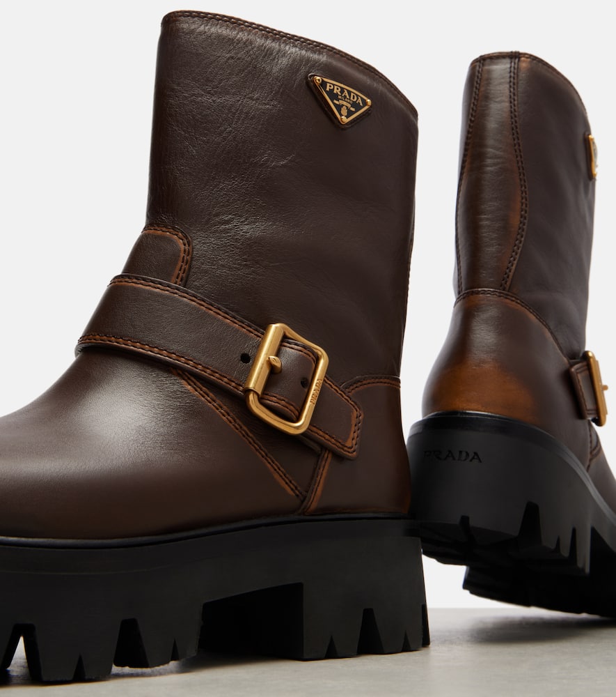 Prada Leather Booties Featuring Chunky Sole In Brown