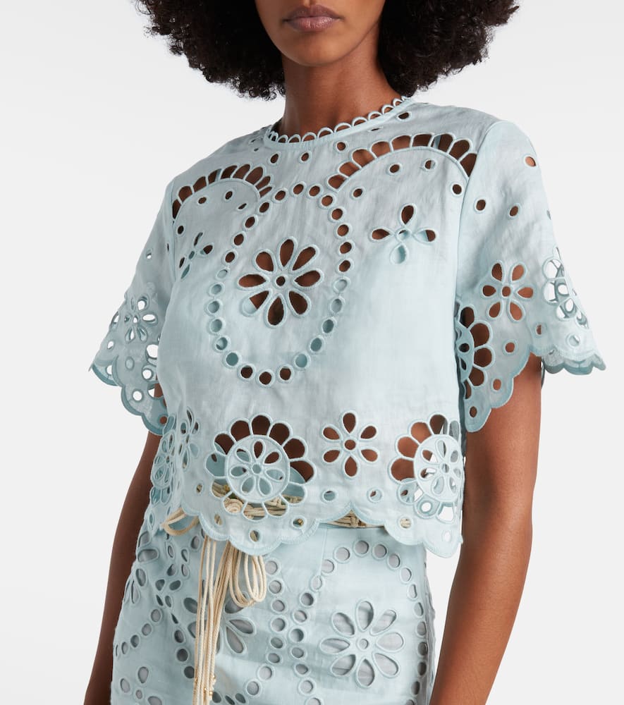 Zimmermann Awaken Cropped Broderie Anglaise Linen Top In Blue
