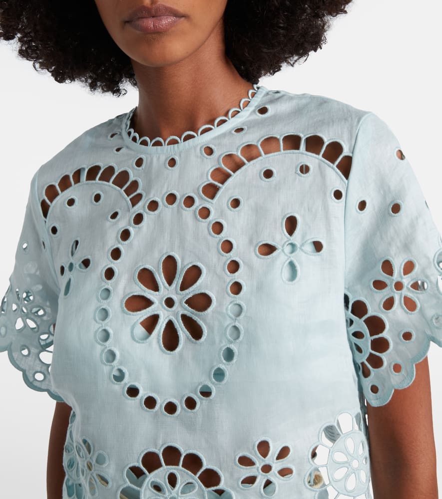 Zimmermann Awaken Cropped Broderie Anglaise Linen Top In Blue