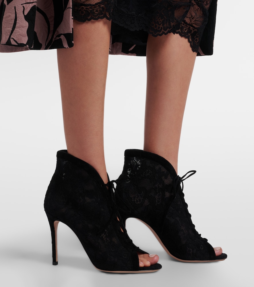 Suede-Trimmed Lace Pumps
