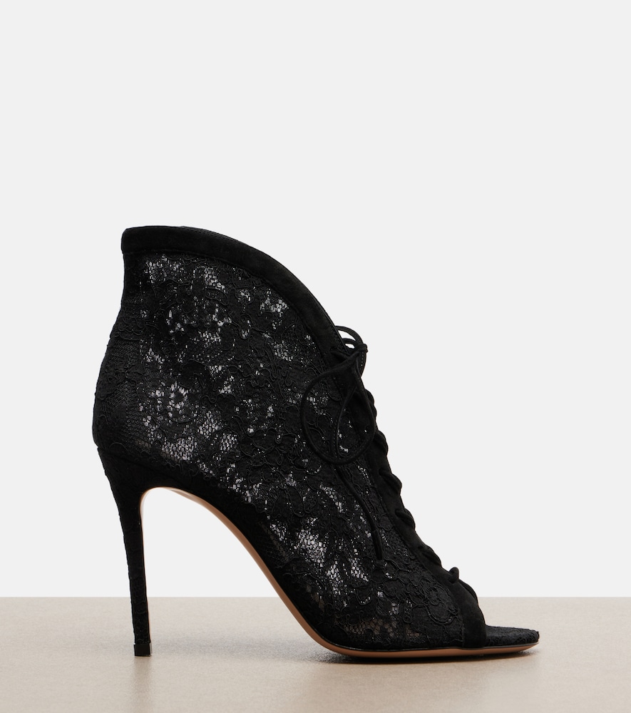Suede-Trimmed Lace Pumps