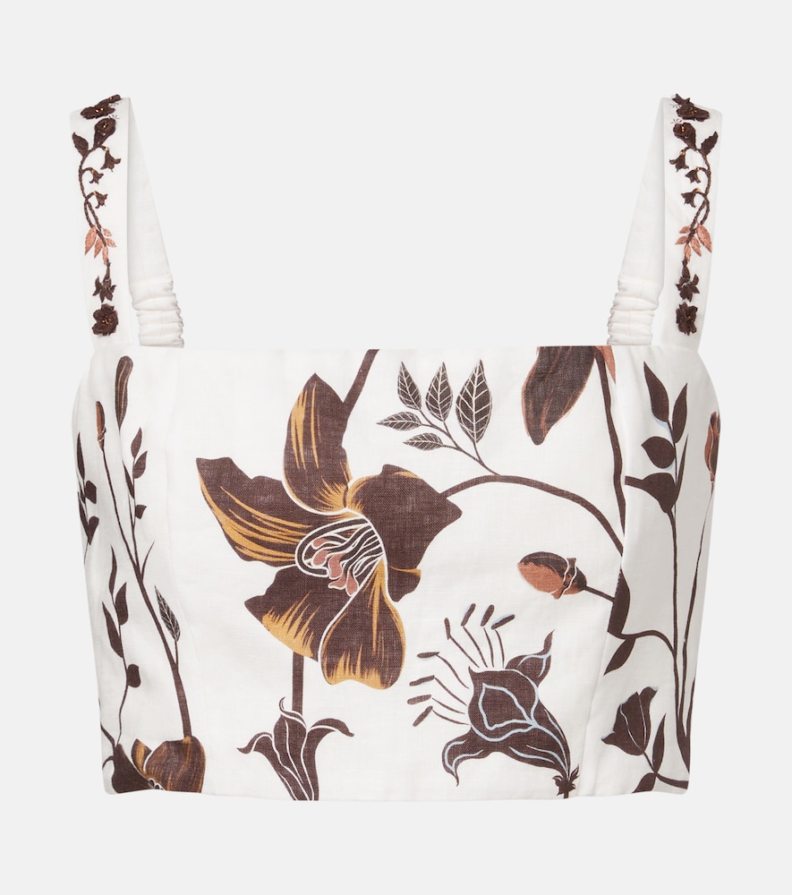 Top cropped Cacao in lino con stampa floreale