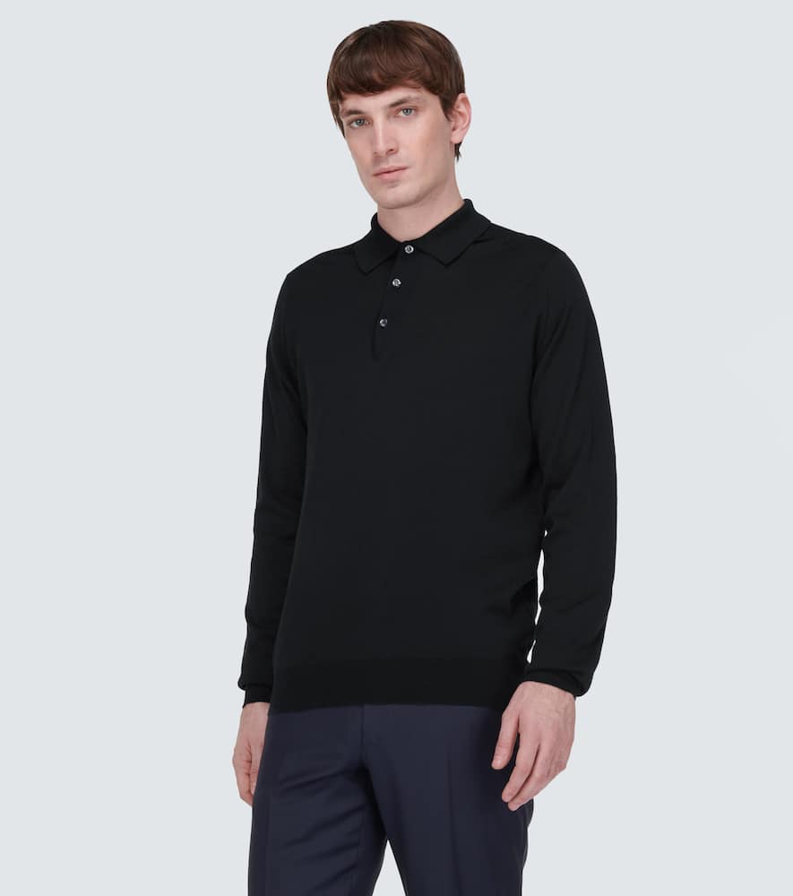 Shop John Smedley Wool Long-sleeved Polo Shirt In Black