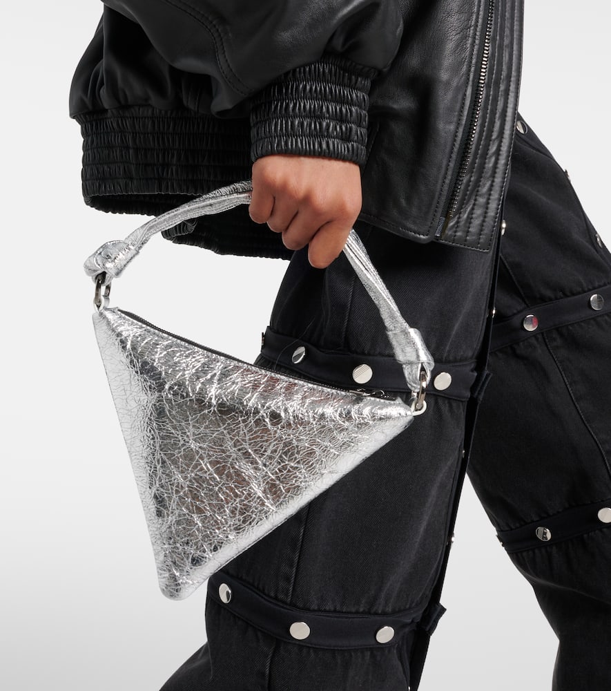 Amina Muaddi Mini Cameron Cracked Mirror Top Handle In Silver