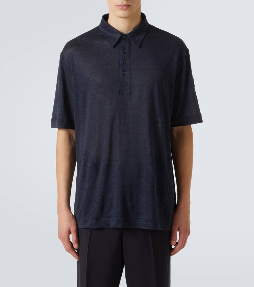 Moncler Logo Linen Polo Shirt In Blue