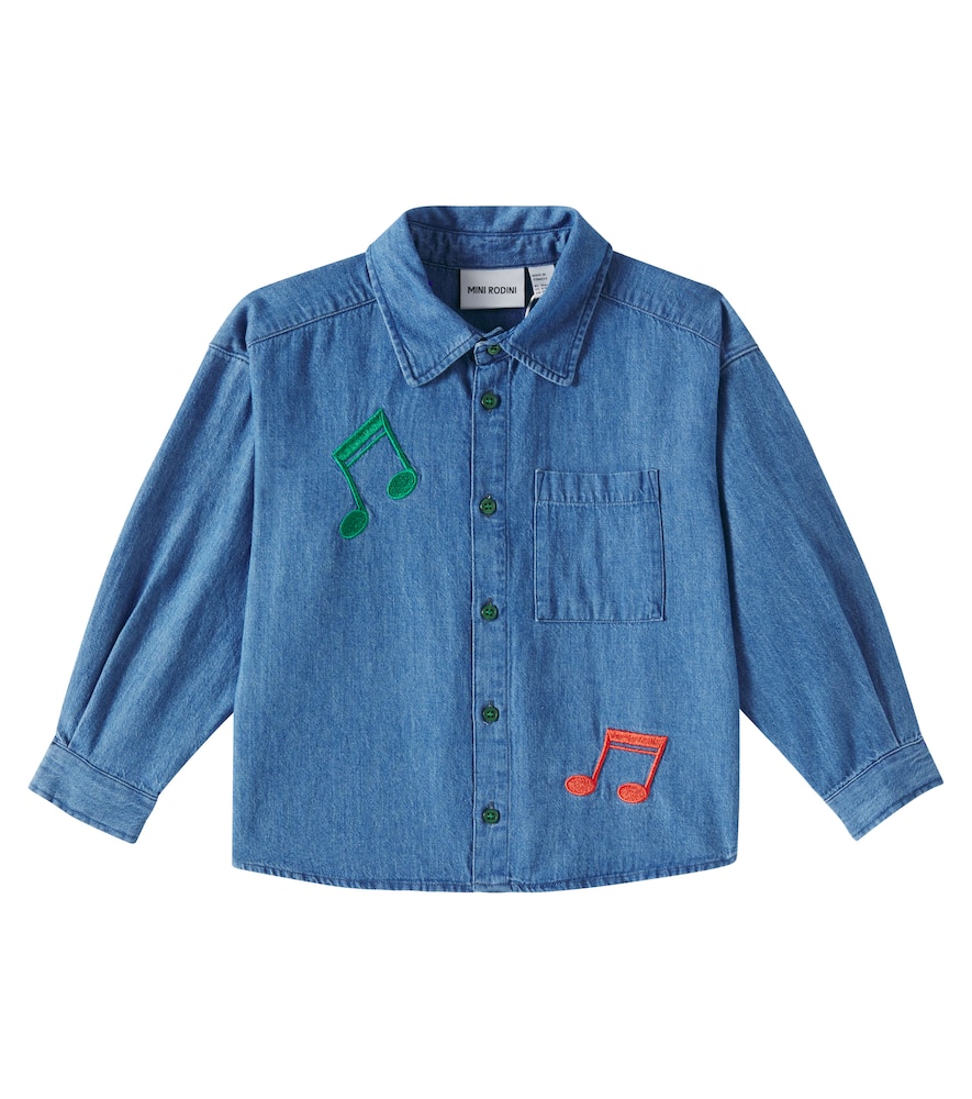 Mini Rodini Blue Shirt With Embroidery On The Front In Denim Boy In Blue