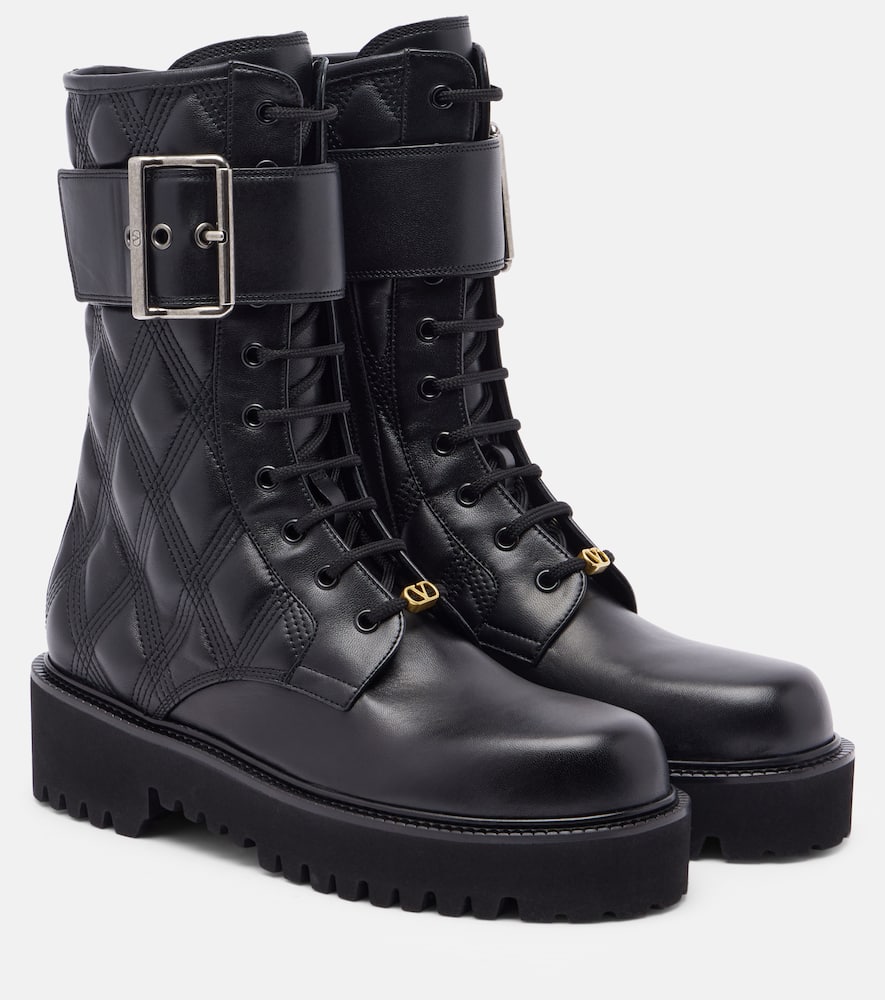 Valentino Quilted Combat Booties Buckle Detail In Black