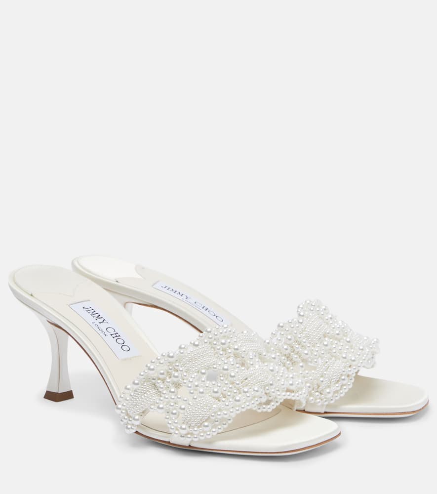 Jimmy Choo Cary 70 Faux Pearl-embellished Satin Mules