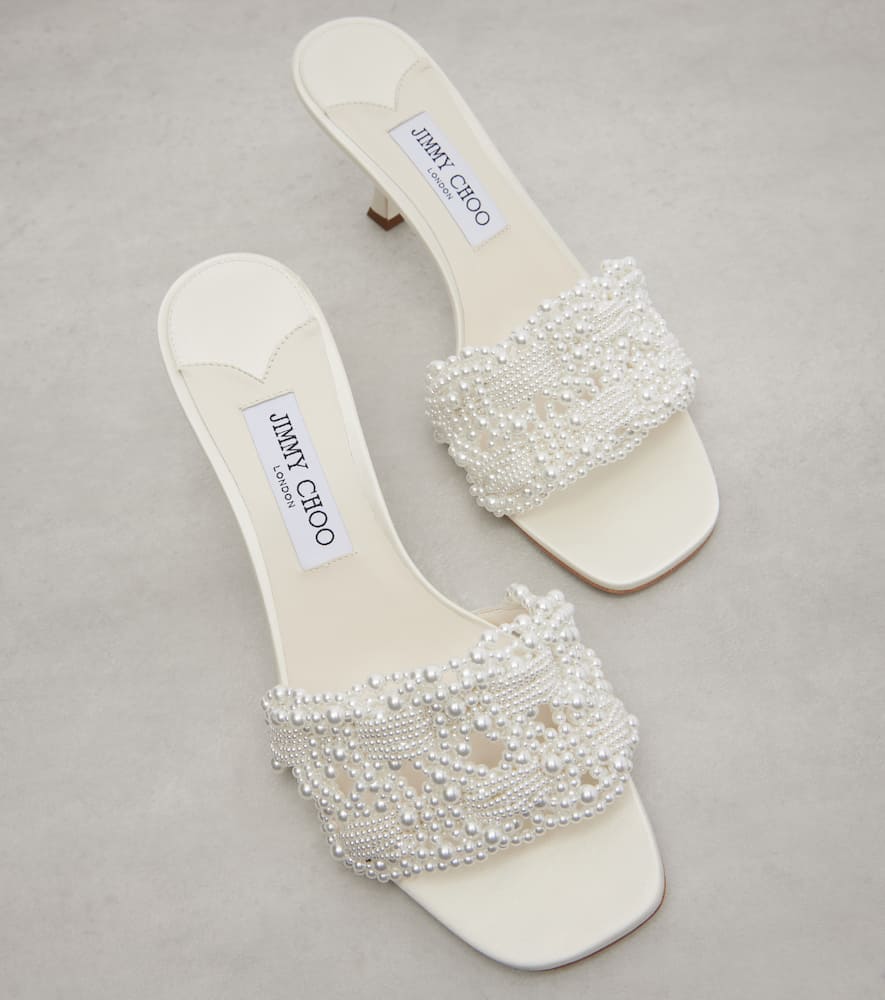 Jimmy Choo Cary 70 Faux Pearl-embellished Satin Mules