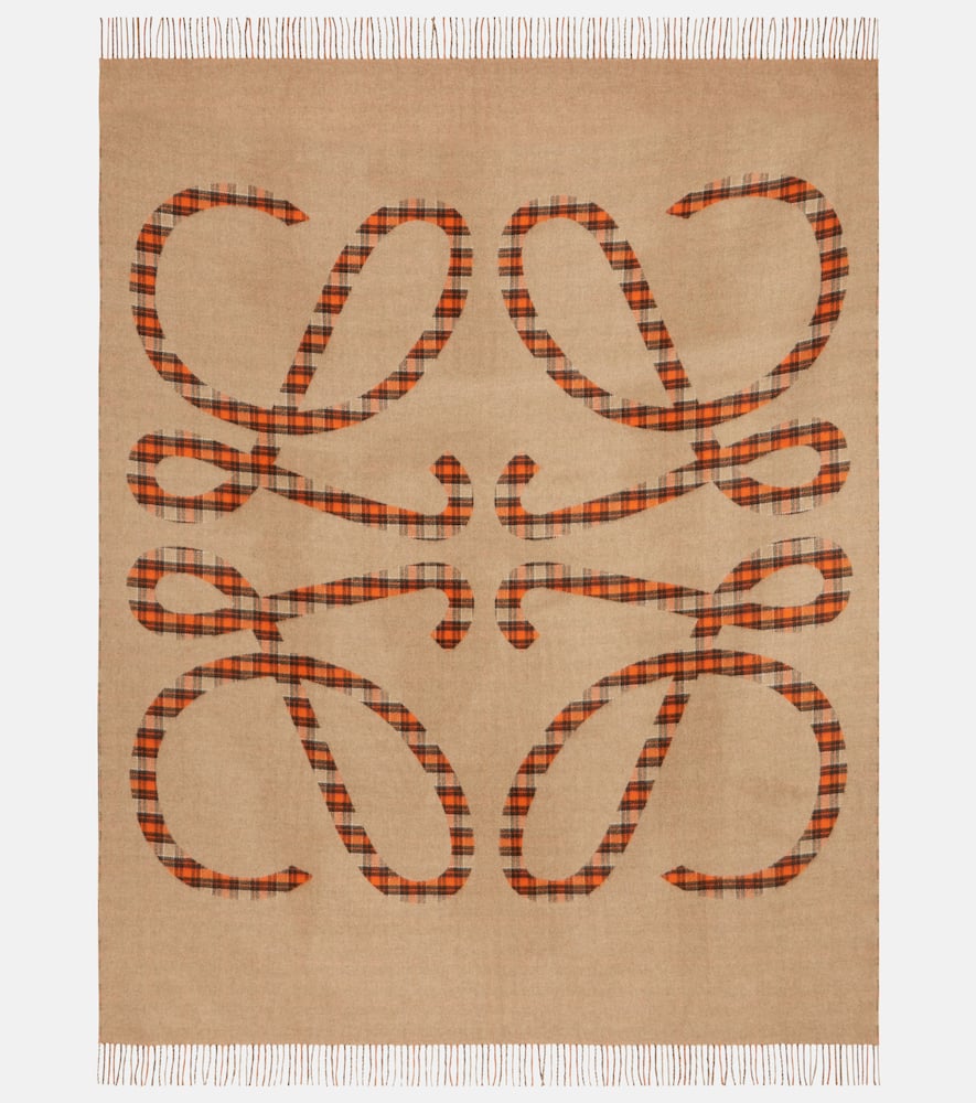 Loewe Anagram Checked Wool And Cashmere Blanket In Brown
