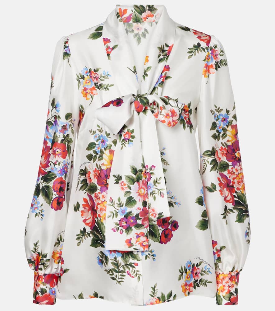 Dolce & Gabbana Floral Tie-neck Silk Blouse In White