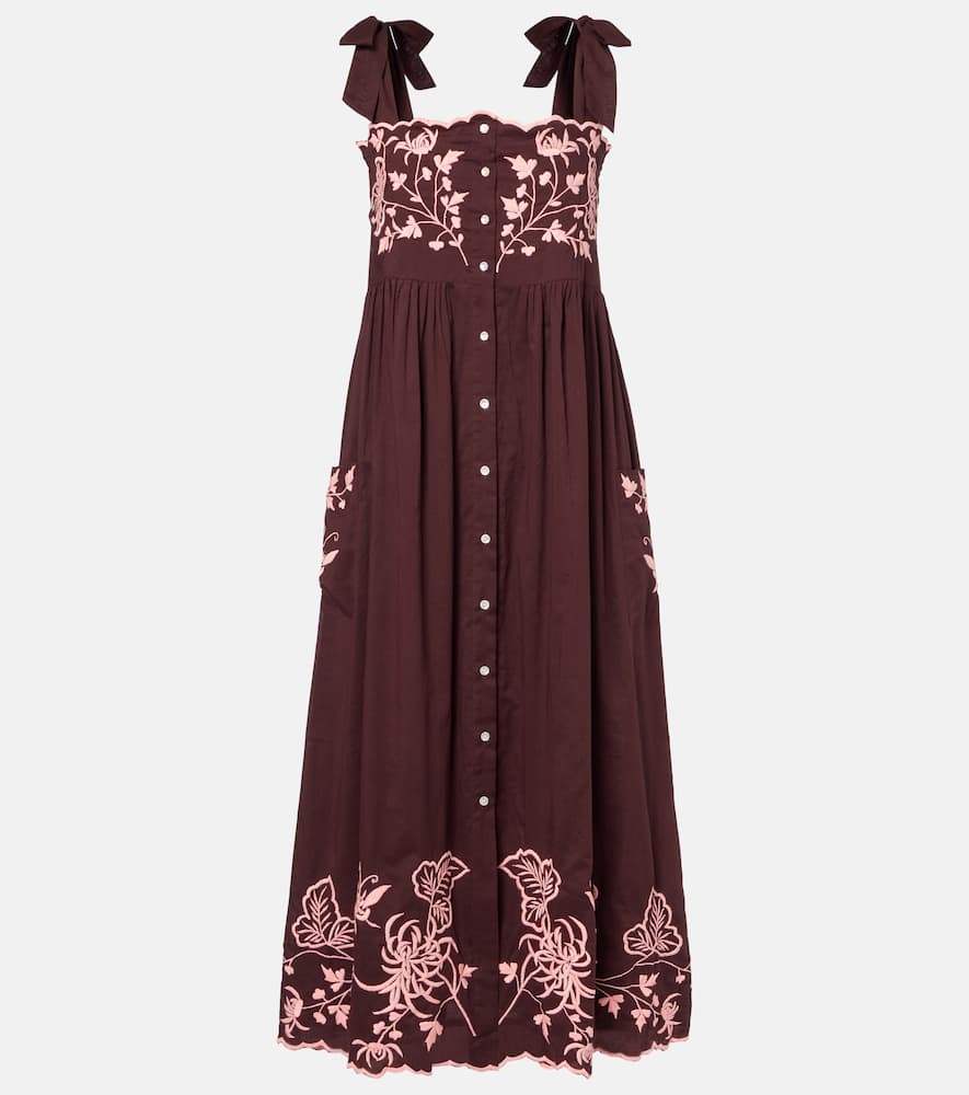 Juliet Dunn Embroidered Cotton Midi Dress In Burgundy