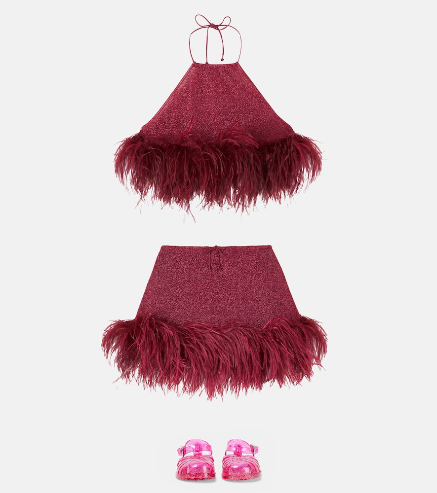 Oseree Oséree Kids Lumière Feather-trimmed Top In Burgundy