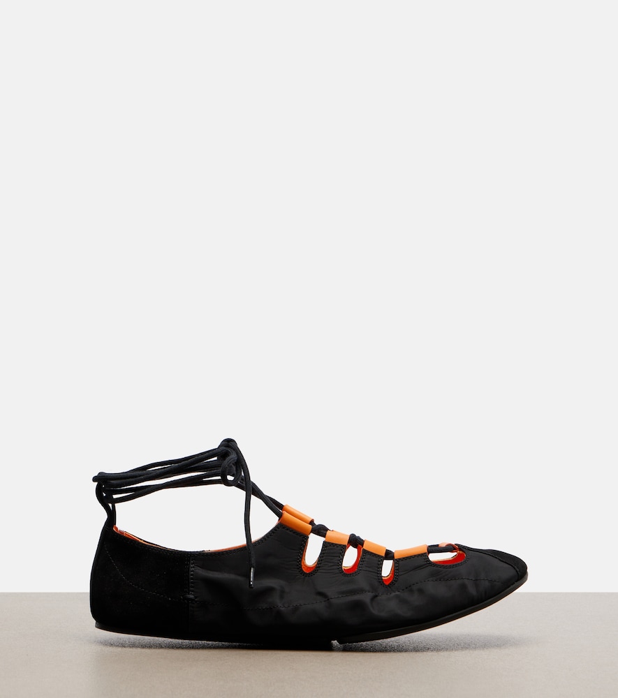 Alaïa Suede-Trimmed Lace-Up Ballet Flats