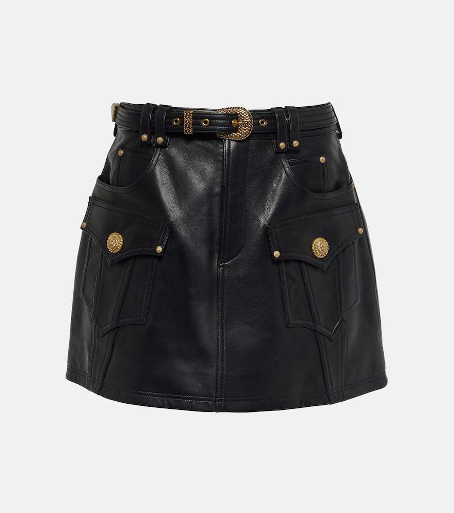 Shop Balmain Belted A-line Leather Miniskirt In Black