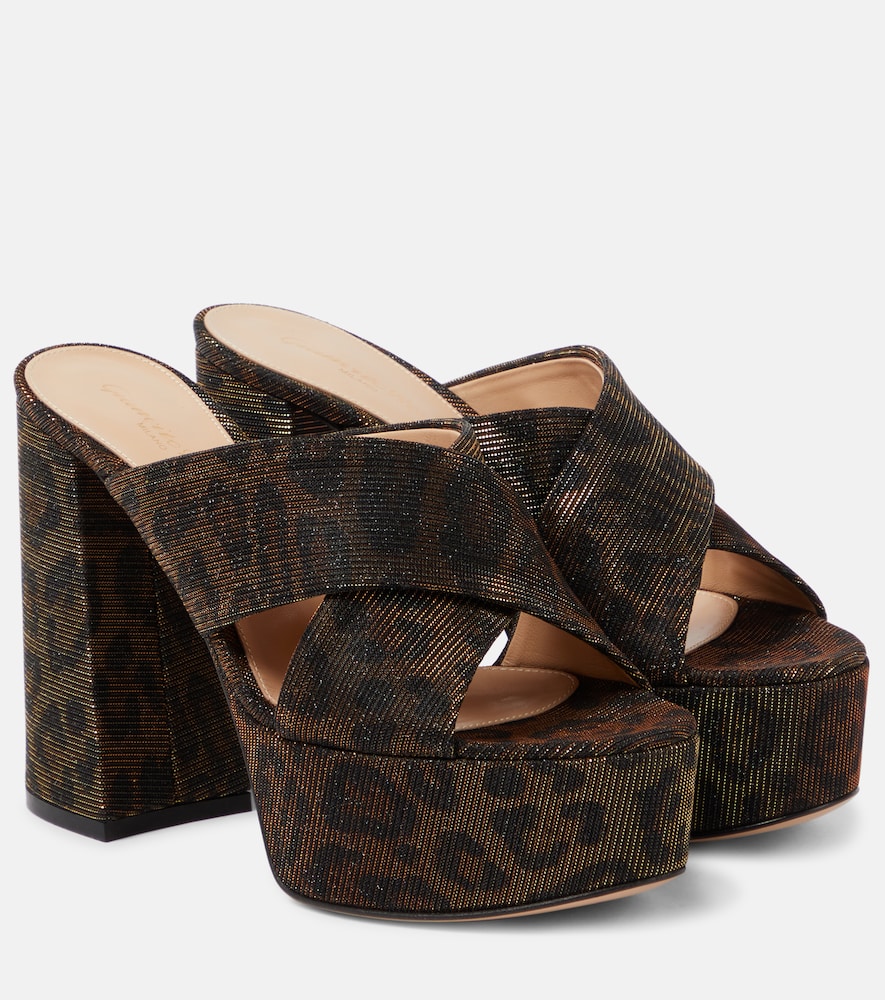 Leopard-Print Lamé Platform Mules