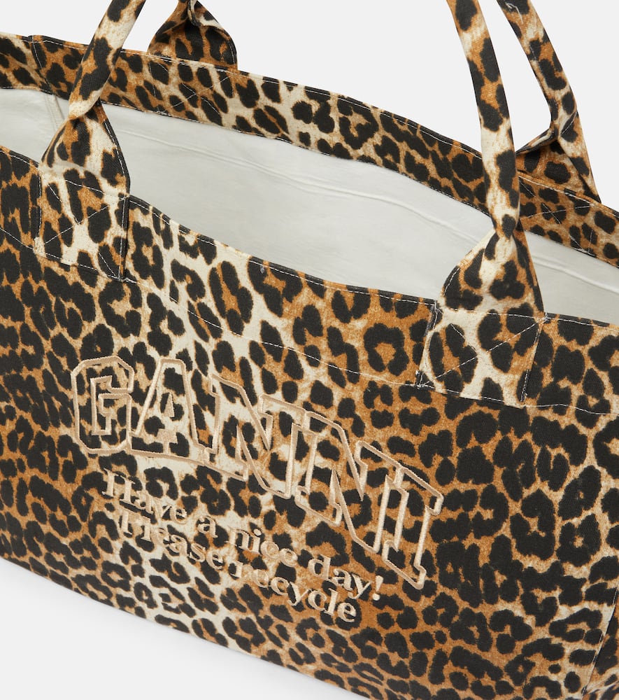 Shop Ganni Leopard-print Canvas Tote Bag In Brown