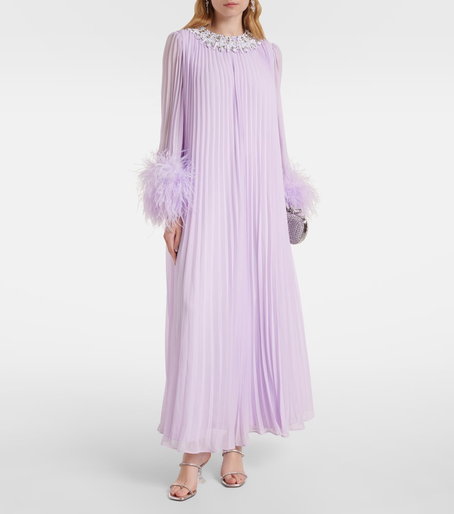Self-Portrait Feather-trimmed plissé chiffon maxi dress