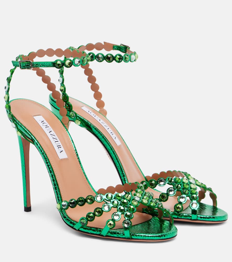 Aquazzura Tequila 105 Embellished Leather Sandals In Green