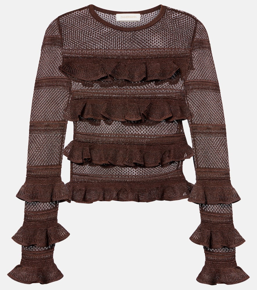 Zimmermann Hypnotic Lace Frill Metallic-knit Top In Brown