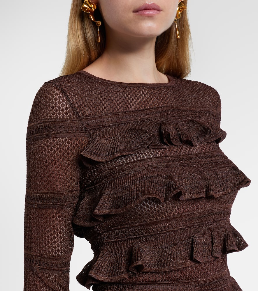 Zimmermann Hypnotic Lace Frill Metallic-knit Top In Brown